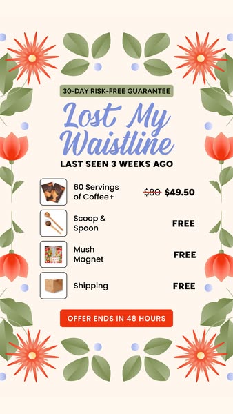 Image ad for Coffee+ weight loss supplement, highlighting that you can 'Lose My Waistline'. The ad offers a 30-d