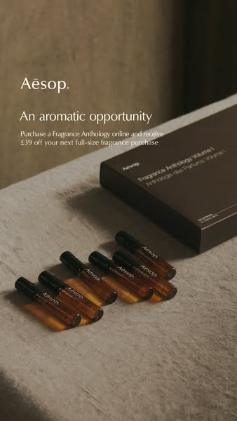 This ad promotes Aesop's Fragrance Anthology, offering a discount on a future purchase with the initial purchase of 