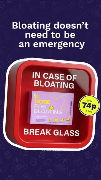 This ad shows a product intended to help with bloating inside of what appears to be an emergency box. The ad encourages 