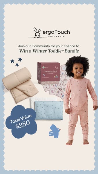 This ad announces a giveaway for a winter toddler bundle from ErgoPouch Australia, featuring an image of the bundled pro