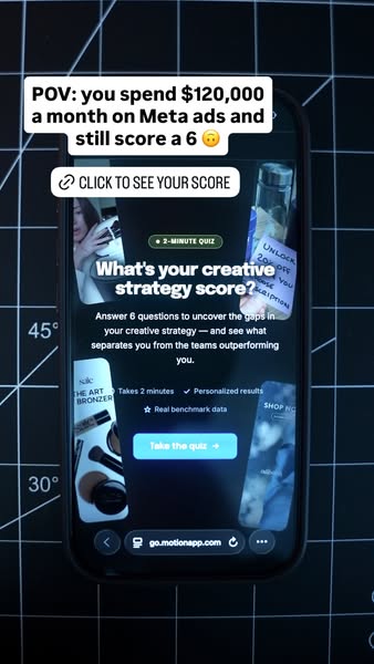 This ad presents a screenshot of a phone screen, which shows a quiz that claims to improve the user's creative strat