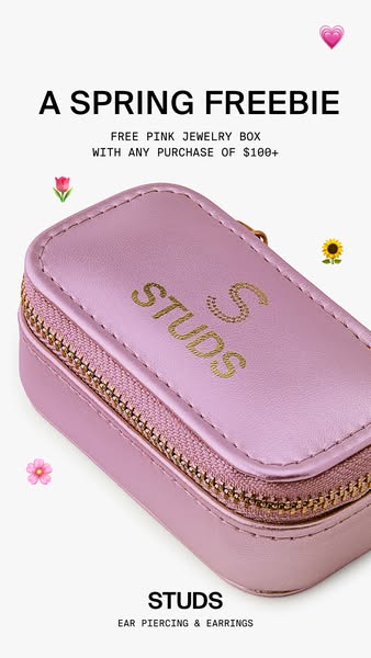 This ad promotes Studs, an ear piercing and earrings brand, by offering a free pink jewelry box with any purchase of $10