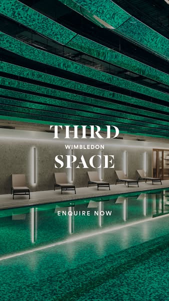A still image ad promoting the Third Space Wimbledon location, featuring an indoor pool setting.