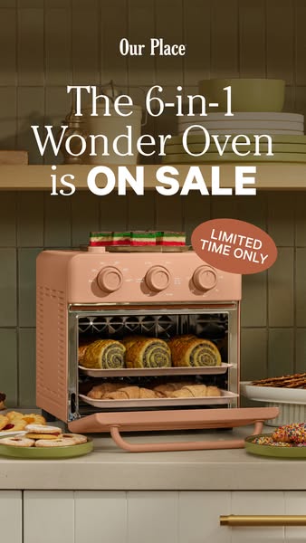 This image ad for Our Place features the 6-in-1 Wonder Oven in a modern kitchen setting. The oven is displayed with bake