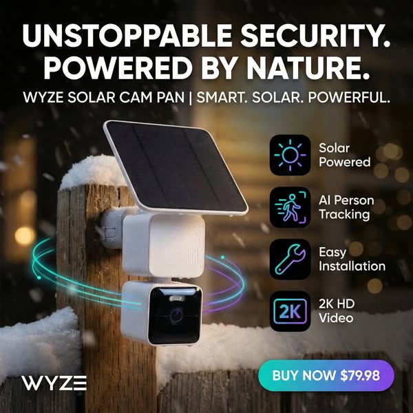 This image ad showcases the Wyze Solar Cam Pan, emphasizing its smart, solar-powered, and powerful features. The ad high