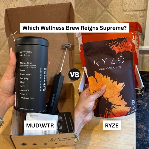 This ad compares MUD\WTR and RYZE mushroom coffee, asking 'Which Wellness Brew Reigns Supreme?' The ad features 