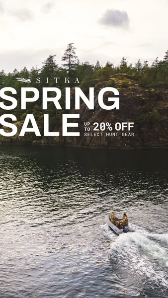 This image ad for Sitka promotes a spring sale with up to 20% off select hunting gear. The ad features a scenic landscap