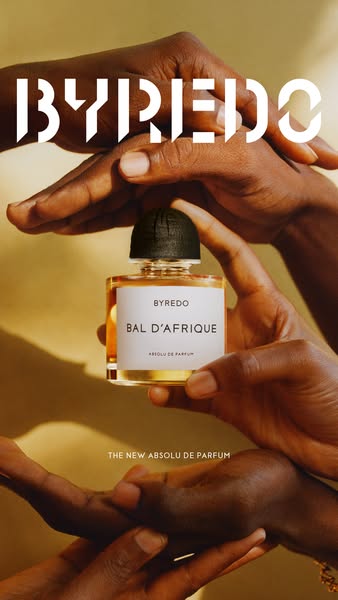 This ad showcases a Byredo perfume bottle being held and displayed by two sets of hands.