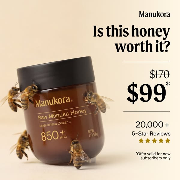 This ad features a jar of Manukora Raw Mānuka Honey and highlights the high rating, a discount for new subscribers, and 