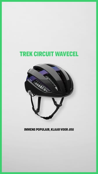 This image ad showcases a Trek Circuit WaveCel cycling helmet against a plain backdrop, framed by a green border. The he