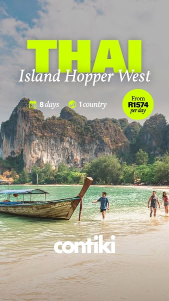This image ad is for Contiki, advertising an 8-day island hopping tour in Thailand. It features a scenic beach view with