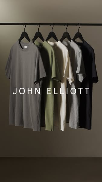 This ad showcases a variety of John Elliott t-shirts in different colors.