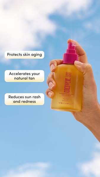 This ad showcases Coco & Eve's Sunny Honey Bali Bronzing Face Tan Optimizer. It features a person holding the bo