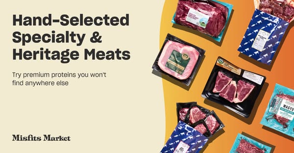 The image ad promotes Misfits Market's hand-selected specialty and heritage meats, emphasizing the premium quality a