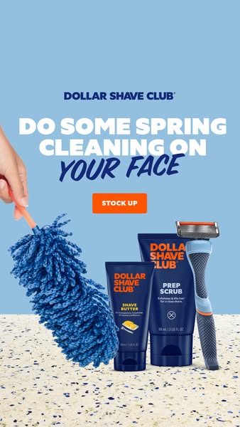 Image ad for Dollar Shave Club, promoting their products with a 'spring cleaning' theme.