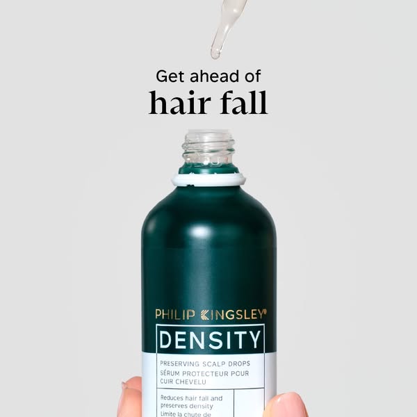 This ad features the Philip Kingsley Density Preserving Scalp Drops serum. It shows the bottle of serum with a dropper a