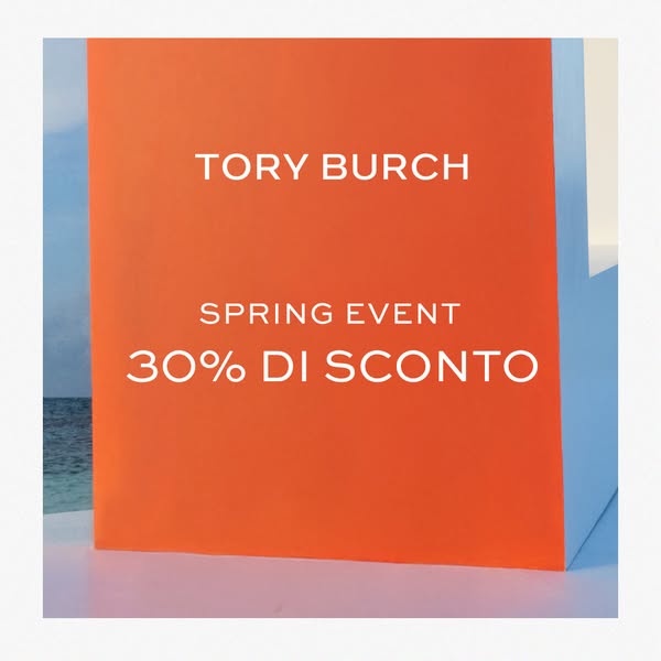 This image ad promotes Tory Burch's spring event with a 30% discount. The ad features a promotional sign against a b