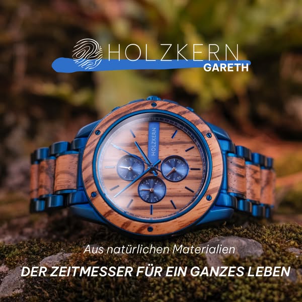 This ad showcases a wooden watch, the Holzkern Gareth, emphasizing its natural materials and its design as a timeless pi