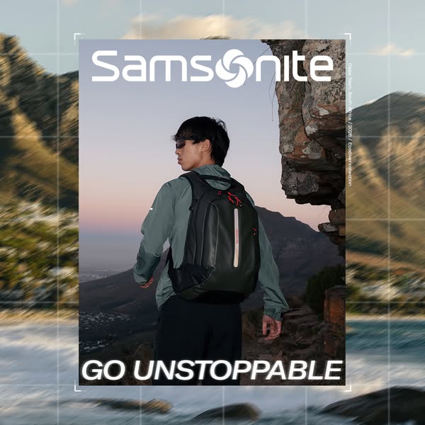 The image ad for Samsonite showcases its backpack against an outdoor background, associating the product with adventure 