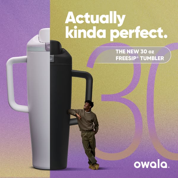 This image ad showcases the Owala FreeSip® Tumbler. The ad's background is split between purple and gold, mirroring 