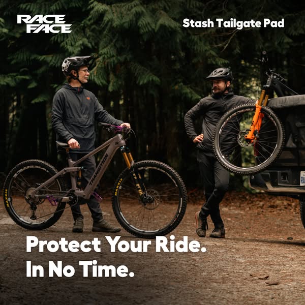 This ad showcases the Race Face Stash Tailgate Pad, which helps protect your ride in no time when transporting bikes.