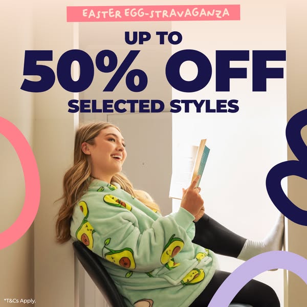 This image ad promotes a sale of up to 50% off select styles as part of an Easter Egg-Stravaganza. It features a woman i