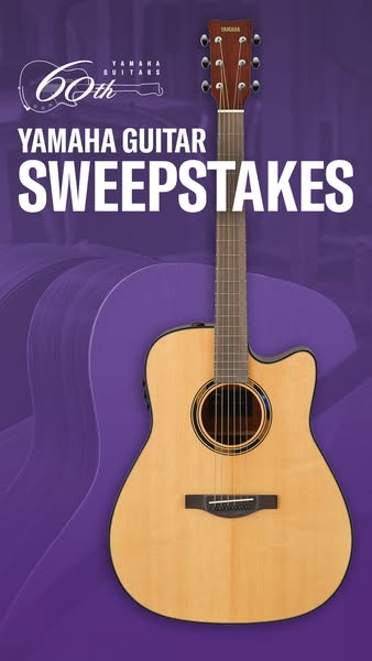 This image ad promotes a Yamaha Guitar Sweepstakes, featuring an acoustic guitar against a purple background with the co
