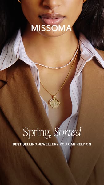 This image ad for Missoma jewelry features a close-up of a woman wearing the brand's jewelry, with the text "Sp