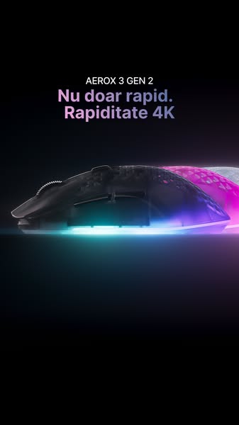 This image ad showcases the features of the Aerox 3 Gen 2 mouse, emphasizing its speed and 4K capabilities.