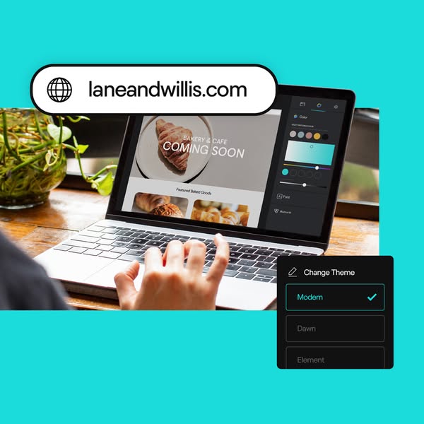 This ad shows a website design platform being used to create a website for a bakery and cafe.