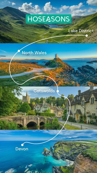 This image ad showcases four different travel destinations in the UK, with a white line visually connecting each locatio