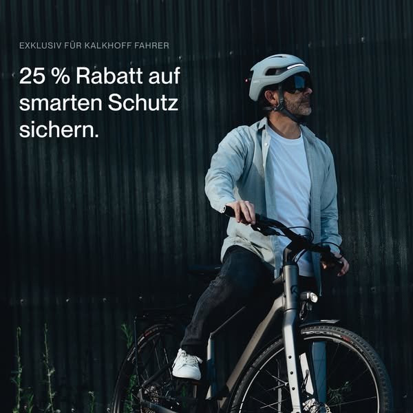This image ad promotes Kalkhoff e-bikes, offering an exclusive 25% discount on smart protection gear to Kalkhoff riders.