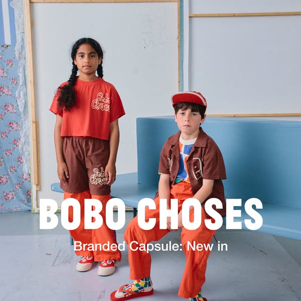 This image ad promotes the brand Bobo Choses, highlighting their branded capsule of new in clothing. The ad features two