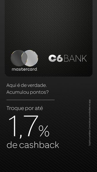 This ad for C6 Bank promotes their cashback rewards program when using their Mastercard. The ad features a dark backdrop