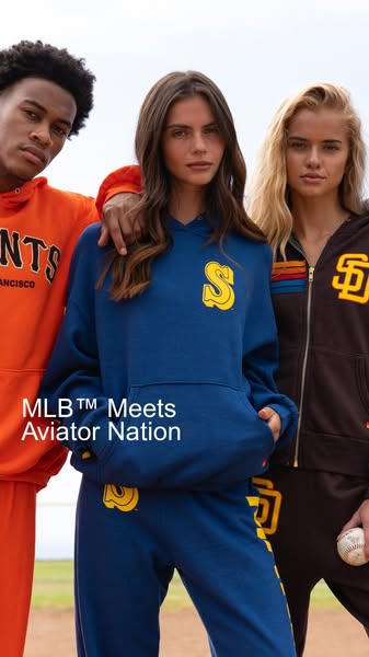 An ad featuring MLB apparel from Aviator Nation, showcasing the brand's collaboration and product offerings.