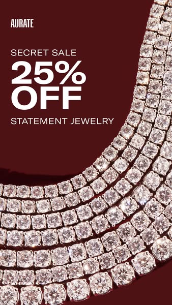 This ad promotes a secret sale from Aurate for 25% off statement jewelry. The ad features a close-up shot of a diamond n