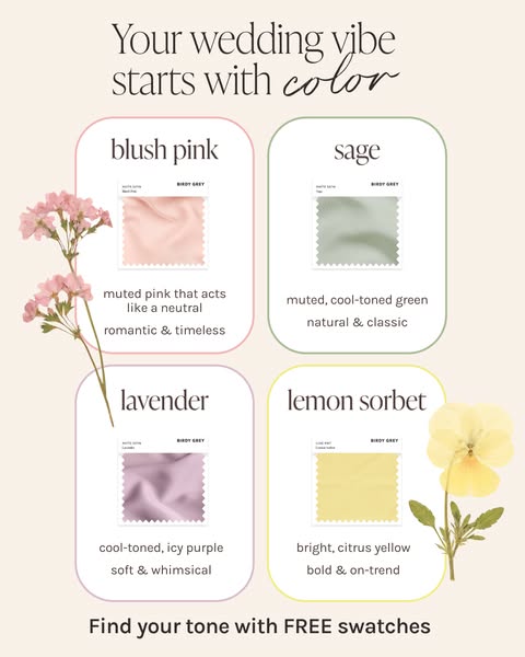 This ad showcases four different color swatches from Birdy Grey, intended to inspire customers planning a wedding. The a