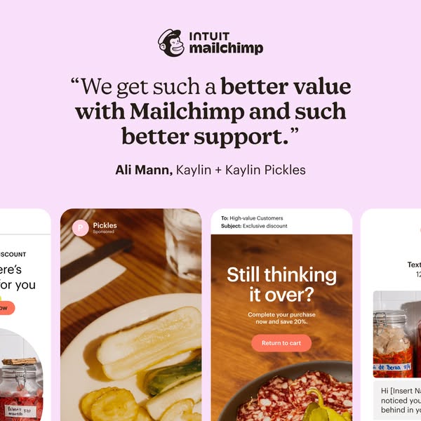 This Mailchimp ad features a carousel format and emphasizes value and support, using a testimonial from "Kaylin + K