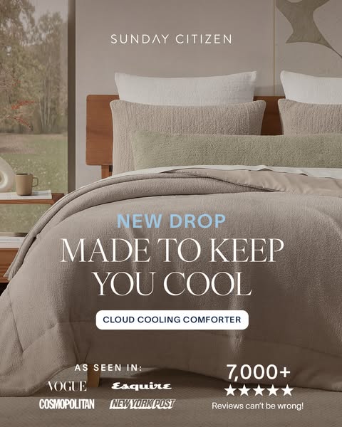 This image ad for Sunday Citizen promotes their cloud cooling comforter, highlighting its ability to keep users cool thr