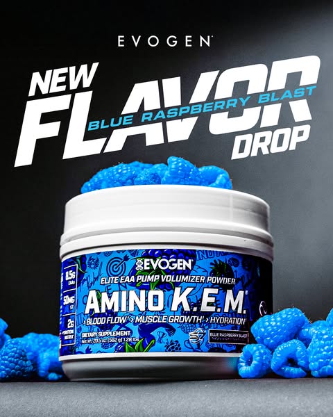 Ad announcing a new flavor, Blue Raspberry Blast, for Evogen's Elite EAA Pump Volumizer Powder Amino K.E.M.