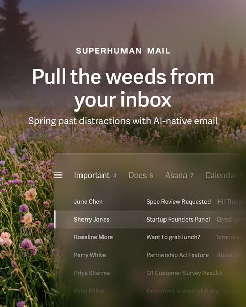 This image ad for Superhuman Mail uses a screenshot of an email inbox over a landscape background. The ad promotes the e