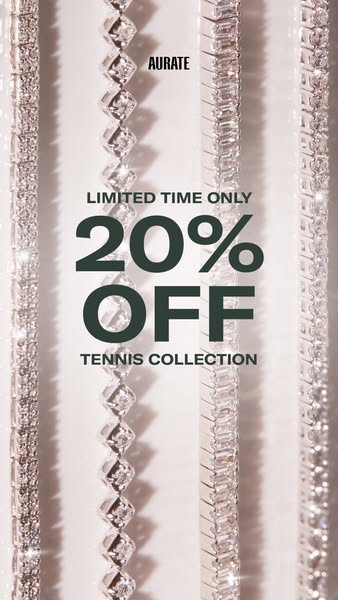This ad showcases the Aurate Tennis Collection with a limited-time offer of 20% off. The vertical format and minimalist 
