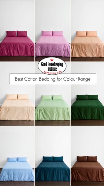 This image ad displays a grid of nine product photos showcasing cotton bedding in various colors. It highlights the prod