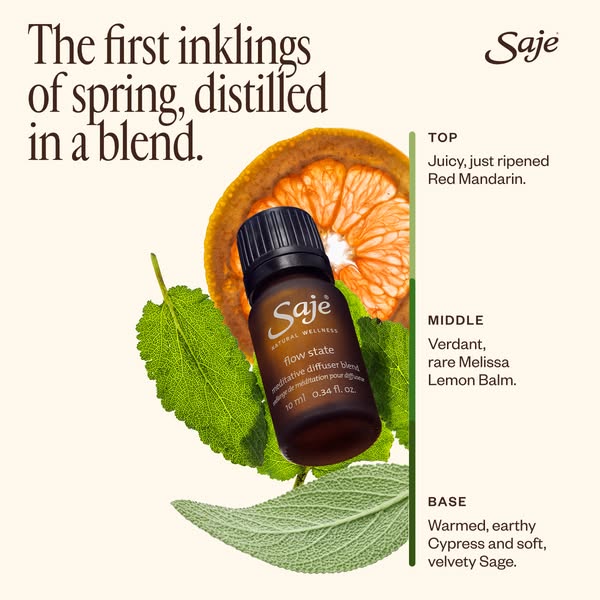 Image ad showcasing Saje Flow State meditative diffuser blend with a breakdown of its components: red mandarin, melissa 