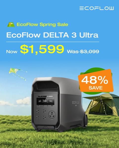 This ad promotes the EcoFlow Delta 3 Ultra. The ad highlights a spring sale that offers a 48% discount. The ad displays 