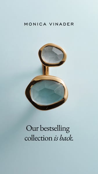 A close up of a Monica Vinader gemstone ring against a blue background. The ad announces the return of the brand's b