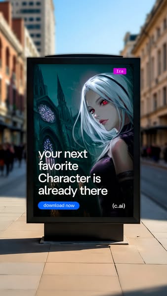 The ad promotes c.ai by showcasing an anime-style character against a dark, gothic background and invites users to downl