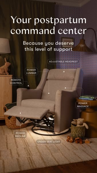 This image ad showcases a comfortable, high-end glider recliner designed specifically for postpartum recovery, loaded wi