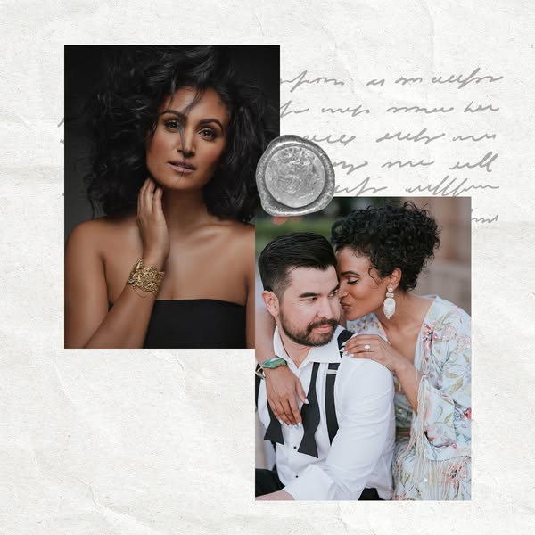An image ad for jewelry featuring two related images of a woman and a man.