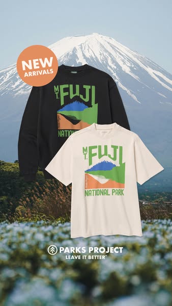 This image ad for Parks Project promotes a t-shirt and sweatshirt featuring a Mt. Fuji graphic. The ad is designed with 